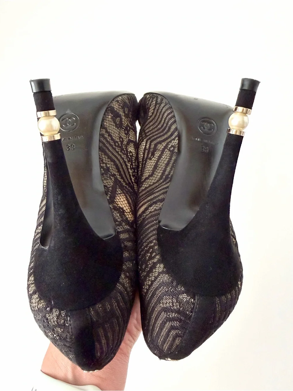 CHANEL | CC Logo Black Lace Up Booties Pearl Stiletto EU 39